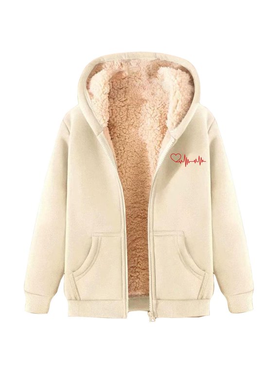 Women's Fuzzy Heart Pattern Hoodie Jacket Heavyweight Lamb Wool Warm Cardigan Full Zip Winter Shacket