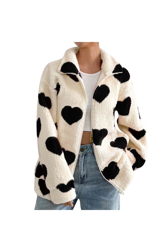 Women's Fuzzy Heart Printjackets Full Zip Fleece Long Sleeve Warm Cute Lapel Casual Plush Coat With Pocket Tops (L, Black)