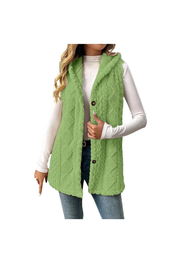 Women’s Fuzzy Hooded Sherpa Vest Sleeveless Button Down Long Length Fluffy Soft Warm Fall Winter Outerwear Lightweight Comfy Layering Top,Green,XXXXXL