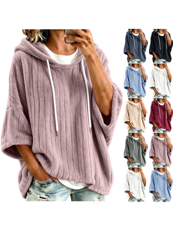 Women's Fuzzy Hooded Top Short Sleeve Drawstring Casual Pullover Sweatshirt