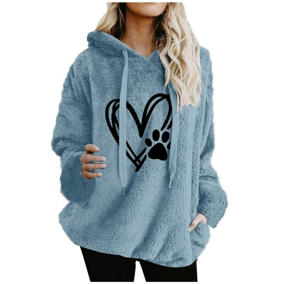 Women's Fuzzy Hoodies Drawstring Long Sleeve Cute Graphic Print Fleece Sweatshirts Thermal Casual Pullover With Pockets (3XL, Blue-C)