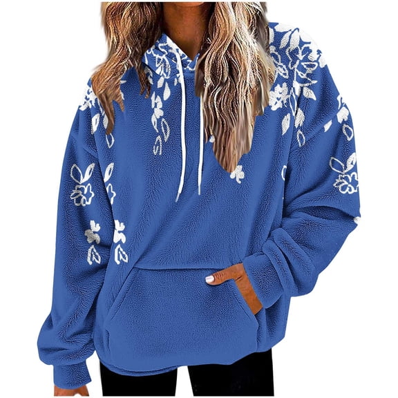 Women's Fuzzy Hoodies Pullover Cozy Oversized Sweatshirt Warm Winter Loose Fleece Floral Print Outerwear Tops with Pocket
