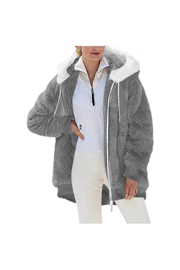 Women's Fuzzy Jackets with Bear Ears Fleece Warm Full Zip Hoodies Coats Faux-Fur Trimmed Quilted Cardigan with Pockets (M, Gray-A)