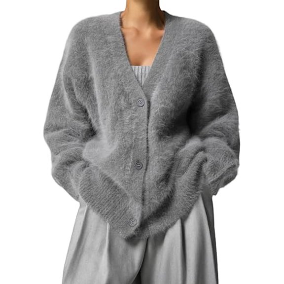 Women's Fuzzy Knit Cardigan: V Neck Long Sleeve Button Down Slouchy Furry Knit Sweaters Cardigans Outwear