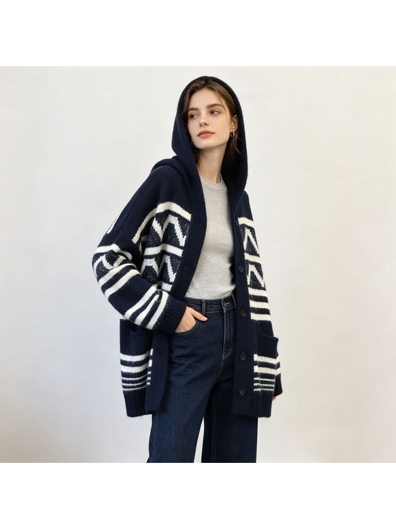 Women's Fuzzy Knit Hooded Cardigan with Geometric Stripes & Pockets, Free Size
