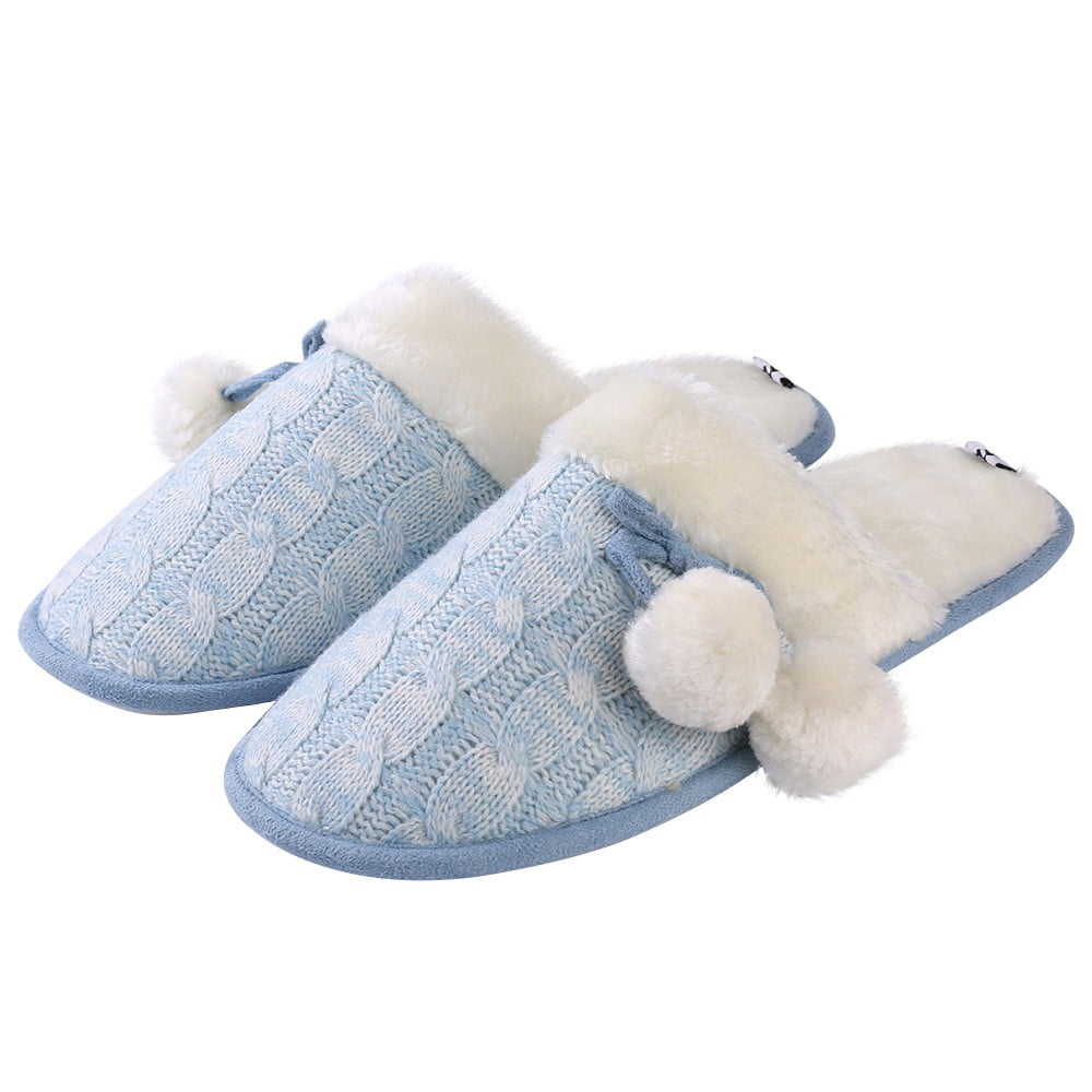 Women’s Fuzzy Knit Pom-Pom Memory Foam Slippers – Non-Slip House Shoes, Cozy Indoor Footwear