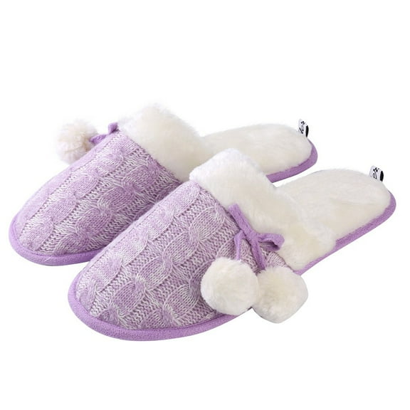 Women’s Fuzzy Knit Pom-Pom Memory Foam Slippers – Non-Slip House Shoes, Cozy Indoor Footwear