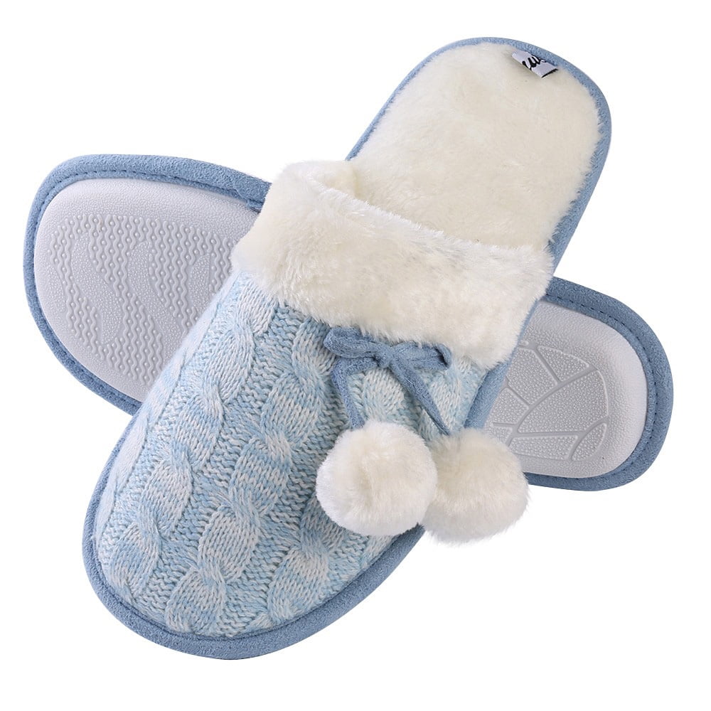 Women’s Fuzzy Knit Pom-Pom Slippers with Memory Foam Cushioning, Non-Slip Indoor House Shoes