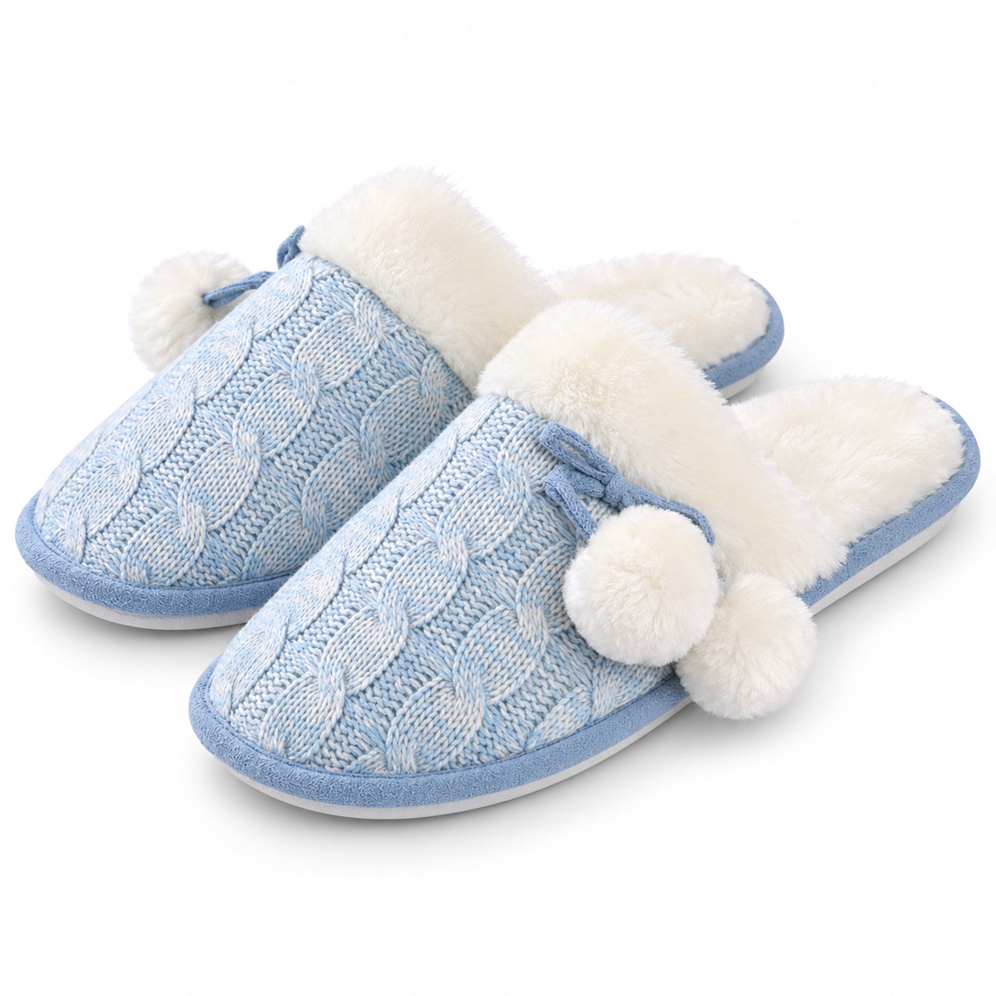 Women’s Cozy Knit Pom-Pom Slippers with Memory Foam, Plush Lined Non-Slip House Shoes, Indoor Slip-On Slippers