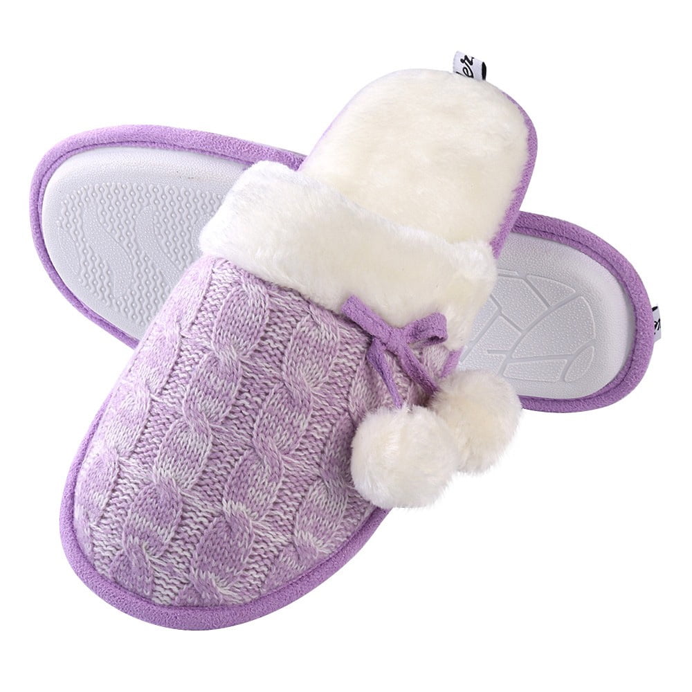 Women’s Fuzzy Knit Pom-Pom Slippers with Memory Foam Cushioning, Non-Slip Indoor House Shoes
