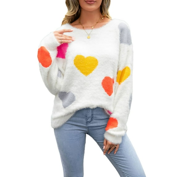 Women’s Fuzzy Knit Sweater Long Sleeve Round Neck Heart Print Warm Valentine's Day Pullover Sweater for Fall Winter