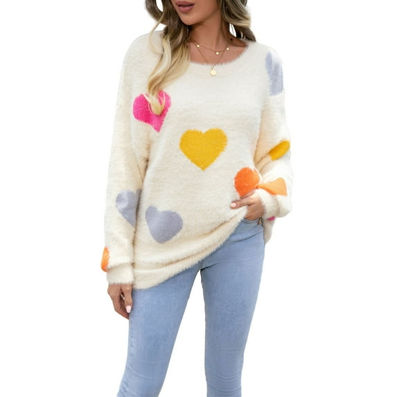 Women’s Fuzzy Knit Sweater Long Sleeve Round Neck Heart Print Warm Valentine's Day Pullover Sweater for Fall Winter