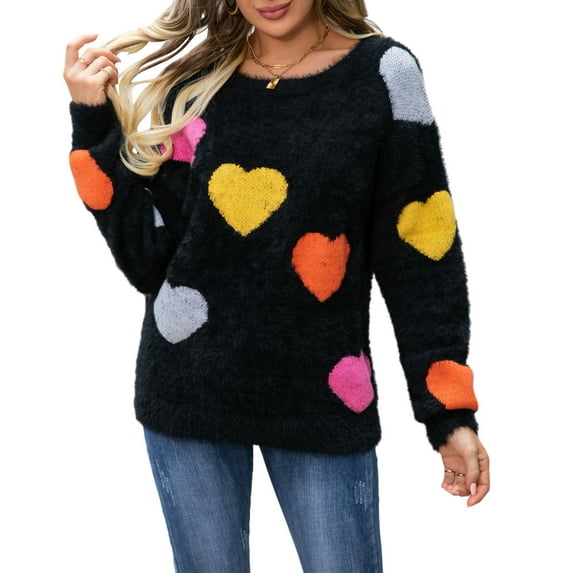 Women’s Fuzzy Knit Sweater Long Sleeve Round Neck Heart Print Warm Valentine's Day Pullover Sweater for Fall Winter