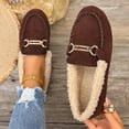 thumbnail image 1 of Women’s Fuzzy Lined Loafers, Winter Warm Faux Suede Moccasin Flat Shoes, Metal Buckle Slip‑On Casual Walking Shoes, 1 of 9