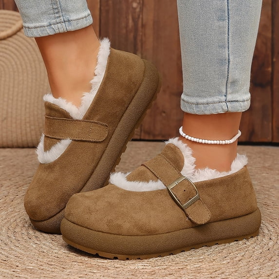 Women’s Fuzzy Lined Platform Mary Jane Shoes, Round Toe Suede Winter Warm Loafers, Adjustable Buckle Strap Non‑Slip Chunky Sole Cozy Slip‑On Shoes