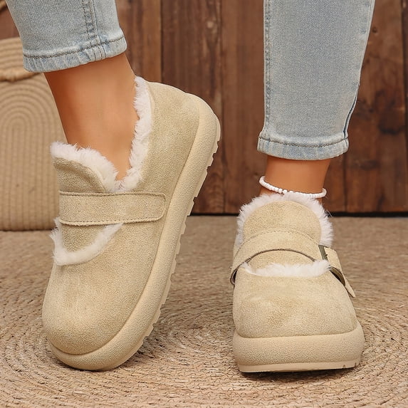Women’s Fuzzy Lined Platform Mary Jane Shoes, Round Toe Suede Winter Warm Loafers, Adjustable Buckle Strap Non‑Slip Chunky Sole Cozy Slip‑On Shoes