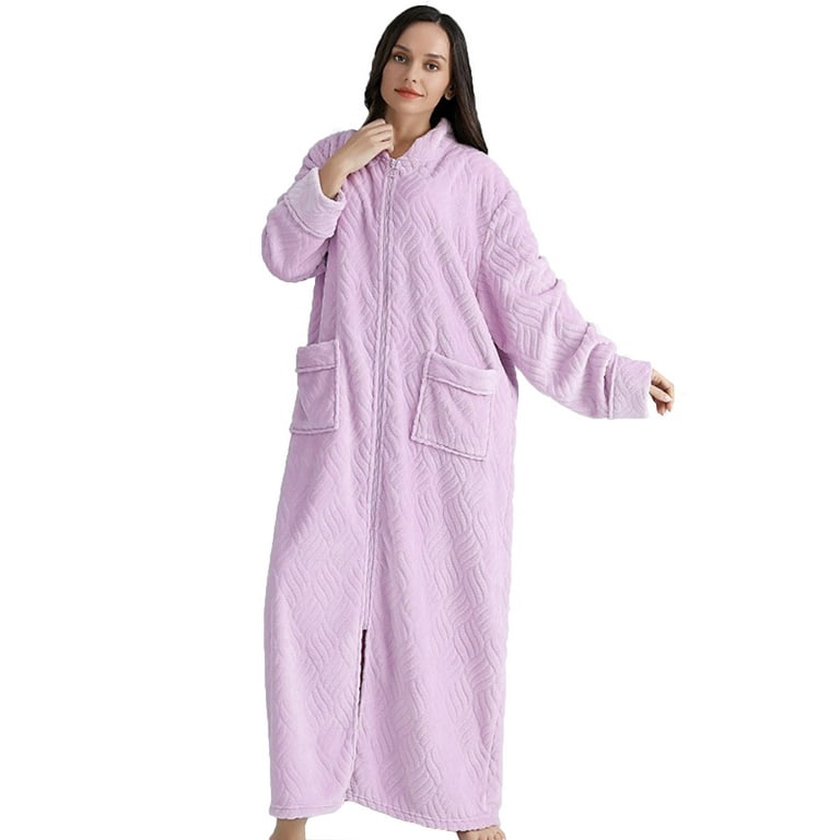 Women's Fuzzy Long Nightgown Zip up Fleece Nightdress Plush Full Length  Ultra Soft Loungewear Housecoat with Pockets Womens Clothes