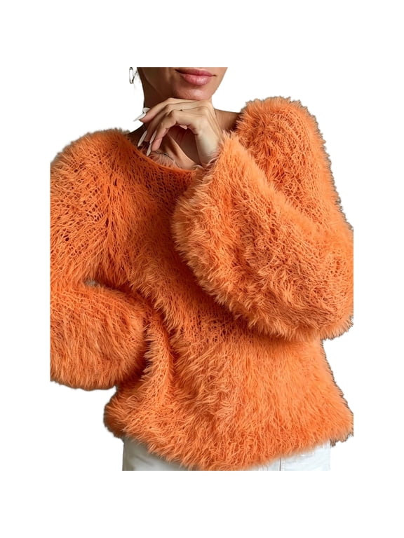 Women's Fuzzy Long Sleeve Sweater, Crew Neck Fluffy Textured Relaxed Pullover Top for Casual Fall and Winter Wear