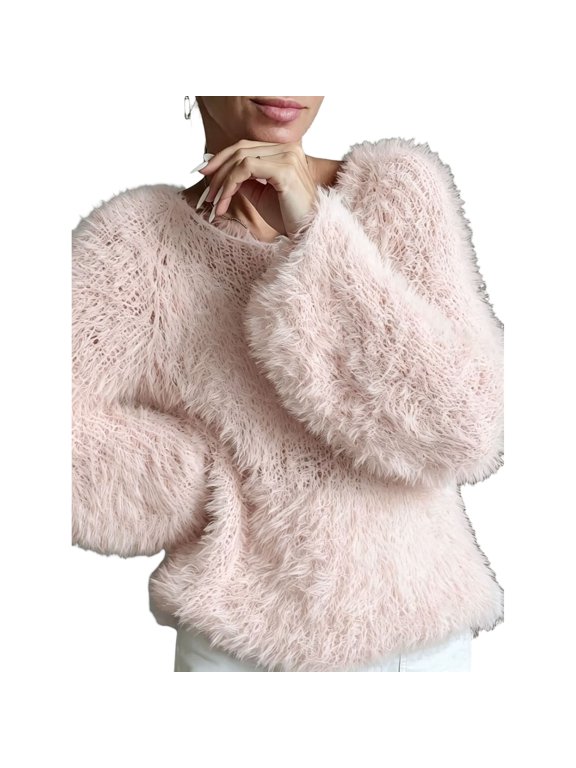 Women's Fuzzy Long Sleeve Sweater, Crew Neck Fluffy Textured Relaxed Pullover Top for Casual Fall and Winter Wear