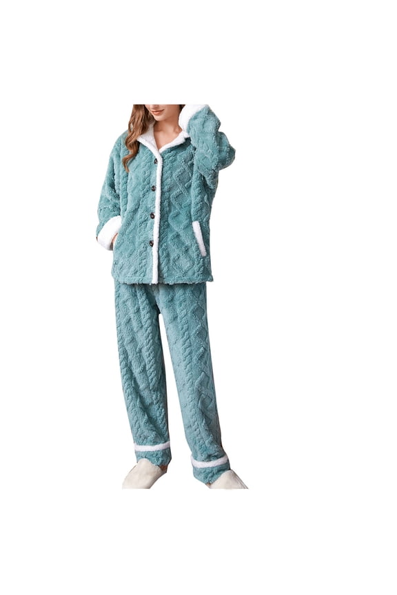 Women's Fuzzy Lounge Casual Homewear Sets Long Sleeve Fleece Button Down Tops and Pants Set 2 Piece Fluffy Loungewear