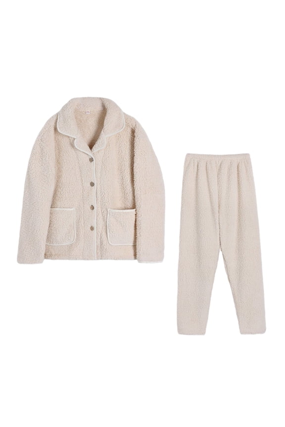 Women's Fuzzy Lounge Fleece Pajamas Sets Long Sleeve Notched Lapel Jacket Top and Pants 2 Piece Fluffy Sleepwear (Medium, Beige)
