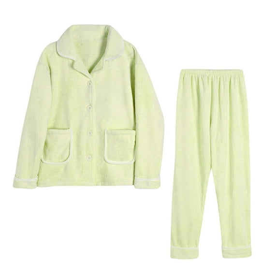 Women's Fuzzy Lounge Fleece Pajamas Sets Long Sleeve Notched Lapel Jacket Top and Pants 2 Piece Fluffy Sleepwear (Medium, Green)