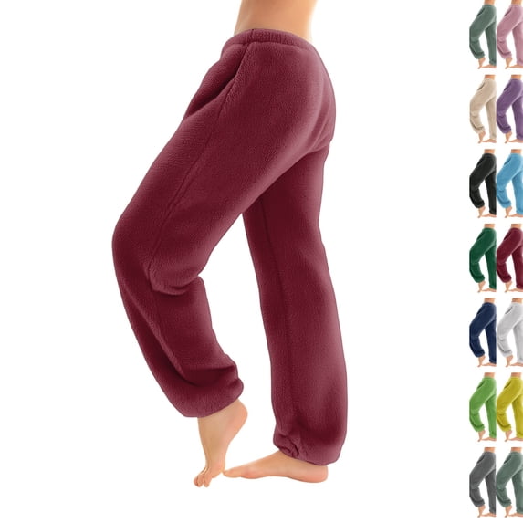 Women's Fuzzy Lounge Pants Comfy Warm Fleece Pajama Long Pants Drawstring Elastic Waist Wide Leg Bottoms ,L,Wine