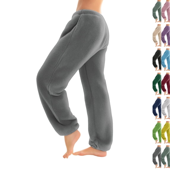 Women's Fuzzy Lounge Pants Comfy Warm Fleece Pajama Long Pants Drawstring Elastic Waist Wide Leg Bottoms ,XS,Gray