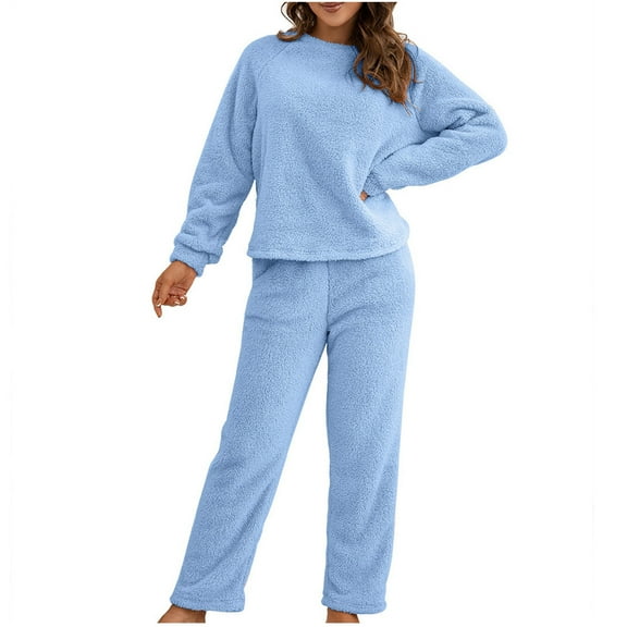 Women's Fuzzy Lounge Sets Casual Pajamas Sets Fleece Pullover and Pants Two Piece Outfits Fluffy Loungewear Sleepwear Blue