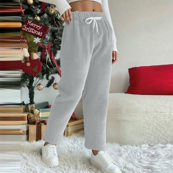 Women's Fuzzy Loungewear Pants Soft Comfy Warm Fleece Wide Leg Pajama Pants Drawstring Elastic Waist Homewear Bottoms Gray L