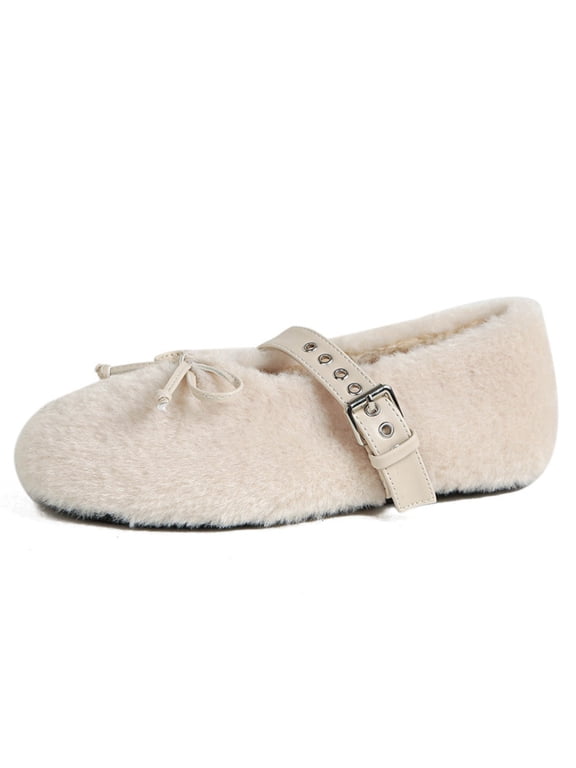 Women’s Fuzzy Mary Jane Flats with Buckle Strap, Warm Faux Fur Lined Slip On Shoes, Closed Toe Winter Comfort Flats, Casual Indoor Outdoor Shoes for Women, Wide & Plus Size Friendly