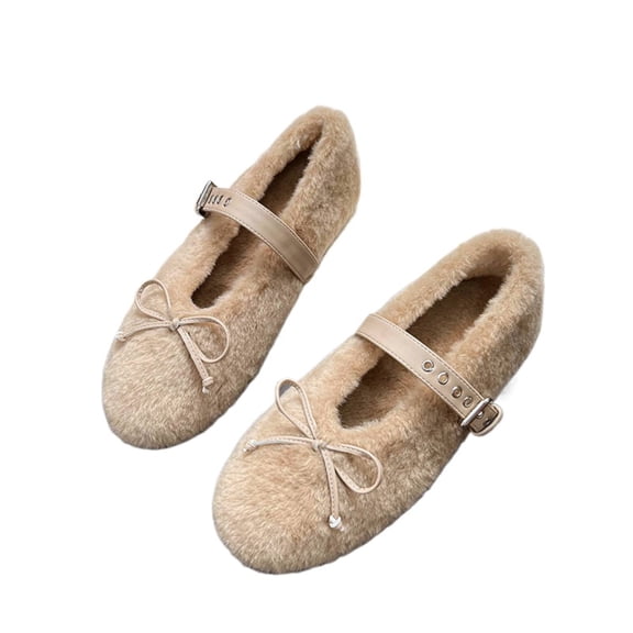 Women’s Fuzzy Mary Jane Flats with Buckle Strap, Warm Faux Fur Lined Slip On Shoes, Closed Toe Winter Comfort Flats, Casual Indoor Outdoor Shoes for Women, Wide & Plus Size Friendly