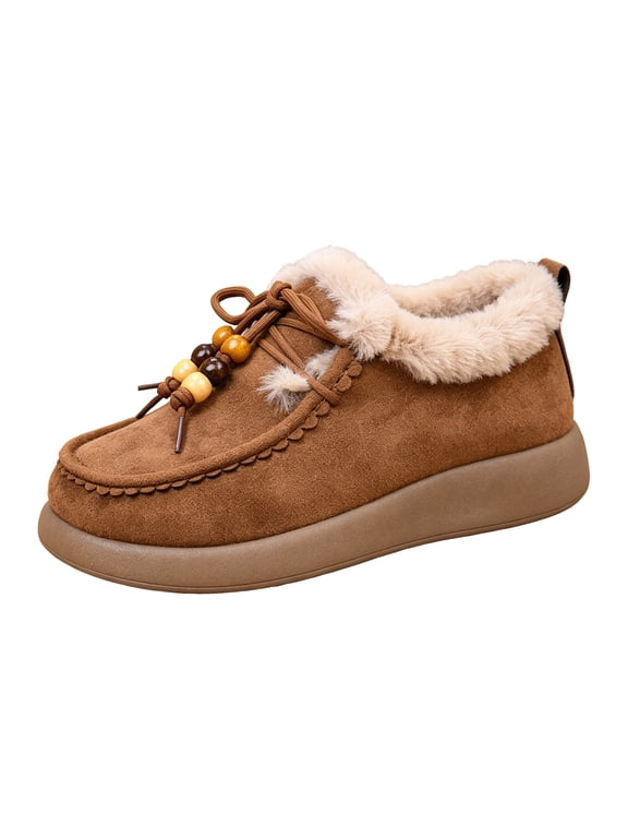 Women's Fuzzy Moccasin Shoes Fleece Lined Lace Up Flats Thick Sole Loafers Walking Shoes for Winter Casual