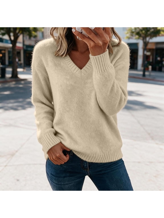 Women's Fuzzy Mohair Style V-Neck Sweater Soft Acrylic Knit Relaxed Fit for Fall Winter