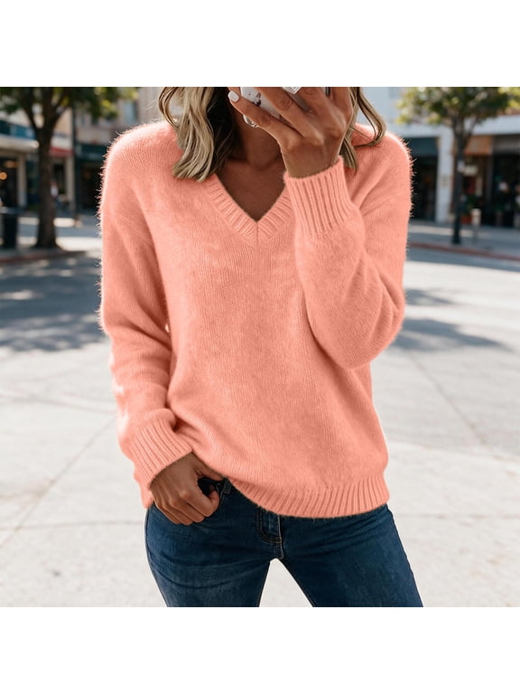 Women's Fuzzy Mohair Style V-Neck Sweater Soft Acrylic Knit Relaxed Fit for Fall Winter