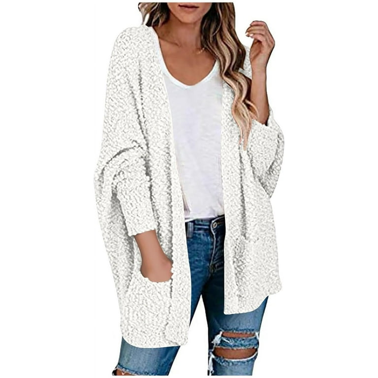 Women s Fuzzy Open Front Cardigan Drop Shoulder Long Sleeve Solid Shaggy Knit Outerwear with Pockets Walmart