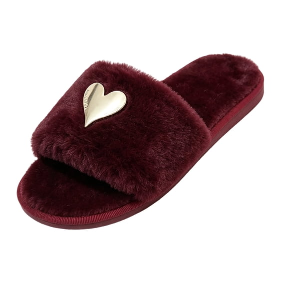 Women's Fuzzy Open Toe Slide Slippers with Thick Platform Sole, Memory Foam Fluffy Plush House Slippers, Metal Heart Faux Fur, Cozy Warm Soft Indoor Outdoor Comfort House Footwear Wine