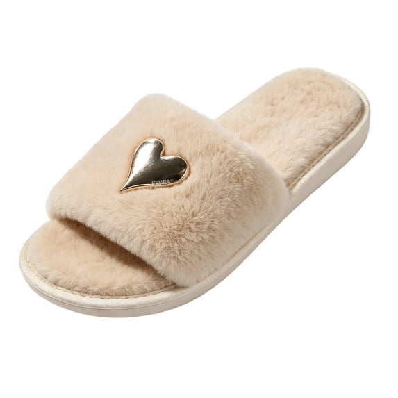 Women's Fuzzy Open Toe Slide Slippers with Thick Platform Sole, Memory Foam Fluffy Plush House Slippers, Metal Heart Faux Fur, Cozy Warm Soft Indoor Outdoor Comfort House Footwear Beige