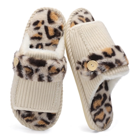 Women Slippers Memory Foam Slip-Resistant House Slippers,Fuzzy,Open Toe,Beige Leopard