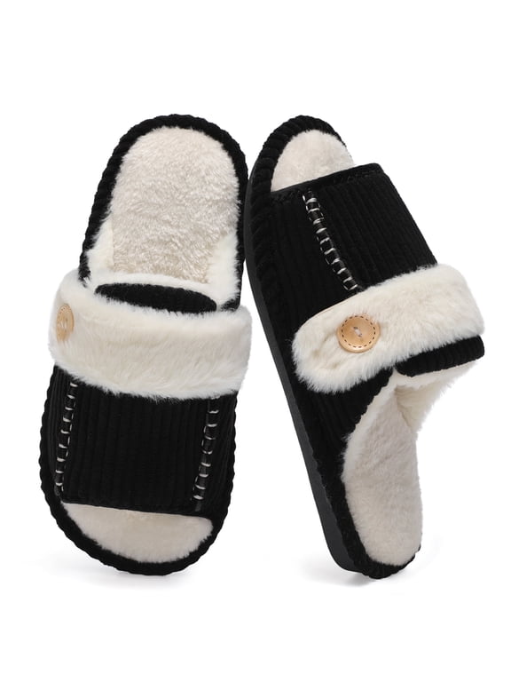 Women Slippers Memory Foam Slip-Resistant House Slippers,Fuzzy,Open Toe,Black