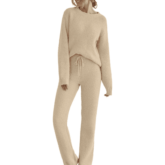 Women's Fuzzy Pajama Set - Soft Fleece Long Sleeve Top & Wide Leg Pants, Comfortable Lounge Wear, Khaki