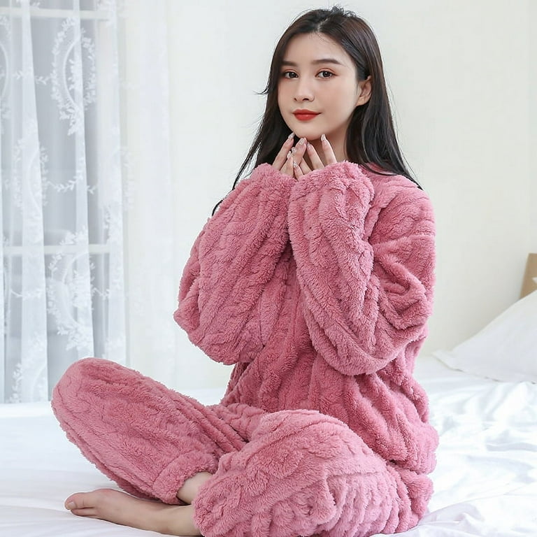 Women's Fuzzy Pajama Set Winter Casual Long Sleeve Pjs Set Comfortable  Fluffy Lounge Home Wear Sleepwear, Pink 