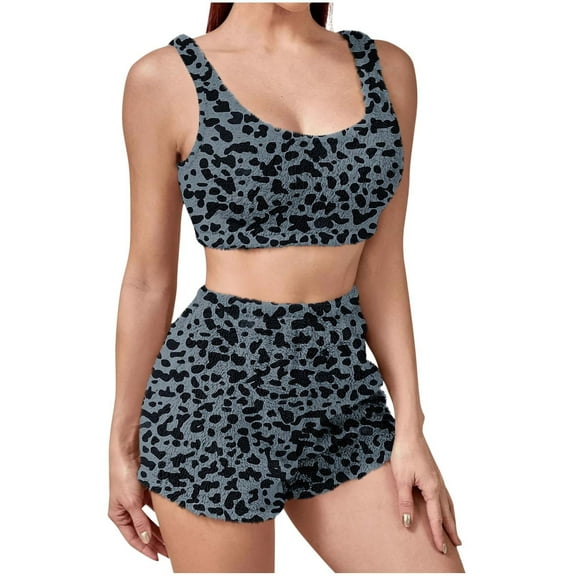 Women's Fuzzy Pajamas Set Cute Loungewear Sleeveless Crop Tank Top Shorts Sleepwear Lounge Sets, M