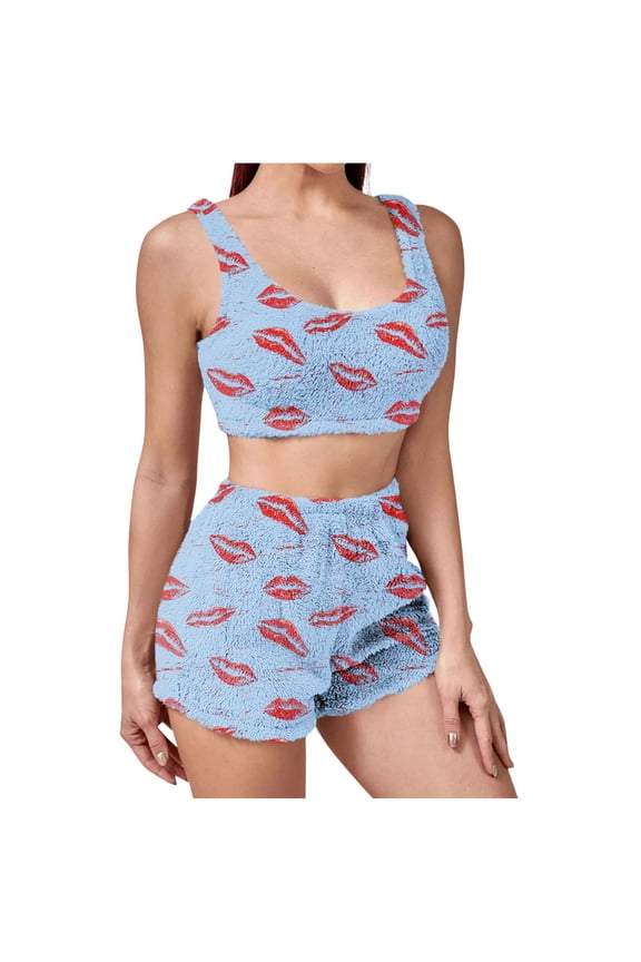 Women's Fuzzy Pajamas Set Cute Loungewear Sleeveless Crop Tank Top Shorts Sleepwear Lounge Sets, S