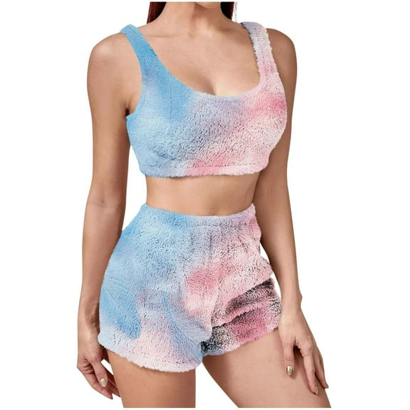 Women's Fuzzy Pajamas Set Cute Loungewear Sleeveless Crop Tank Top Shorts Sleepwear Lounge Sets, XXL
