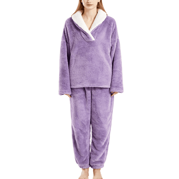 Women's Fuzzy Pajamas Set Fleece Pjs Pullover Pants Plush Sleepwear Fluffy Loungewear