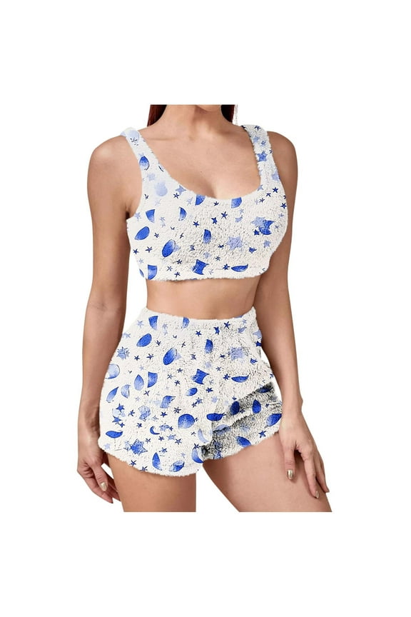 Women's Fuzzy Pajamas Set Star Loungewear Sleeveless Crop Fleece Tank Top Shorts Sleepwear Lounge Sets, XXL