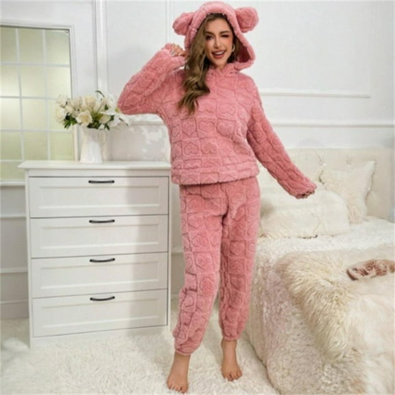 Women's Fuzzy Pajamas Sets Hooded Bear Ear Fluffy Fleece Loungewear Sleep Pullover Top Pants 2 Piece Outfits