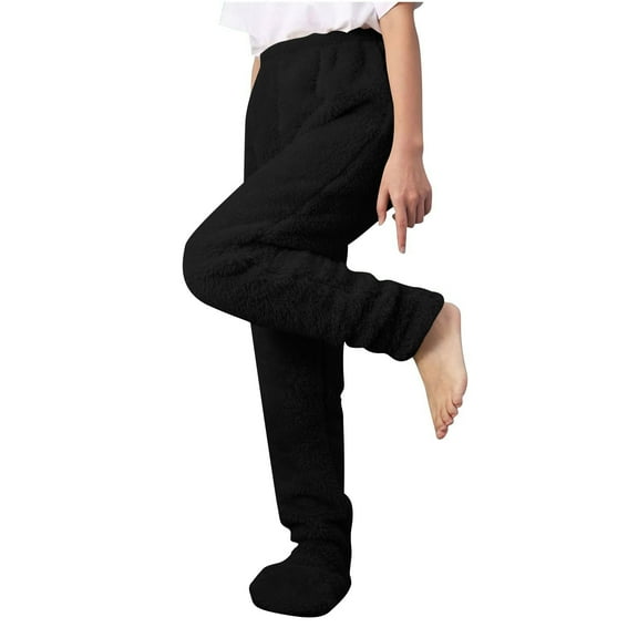 Women’s Fuzzy Pants Winter Warm Fleece Elastic Waist Wide Leg Trousers Solid Color Home Long Pants
