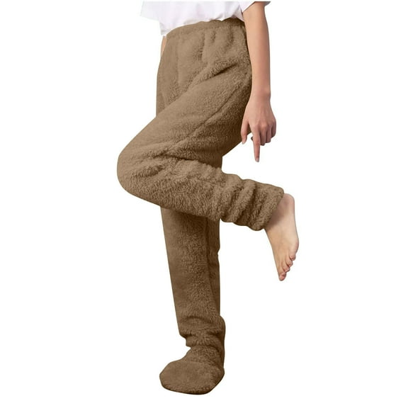 Women’s Fuzzy Pants Winter Warm Fleece Elastic Waist Wide Leg Trousers Solid Color Home Long Pants